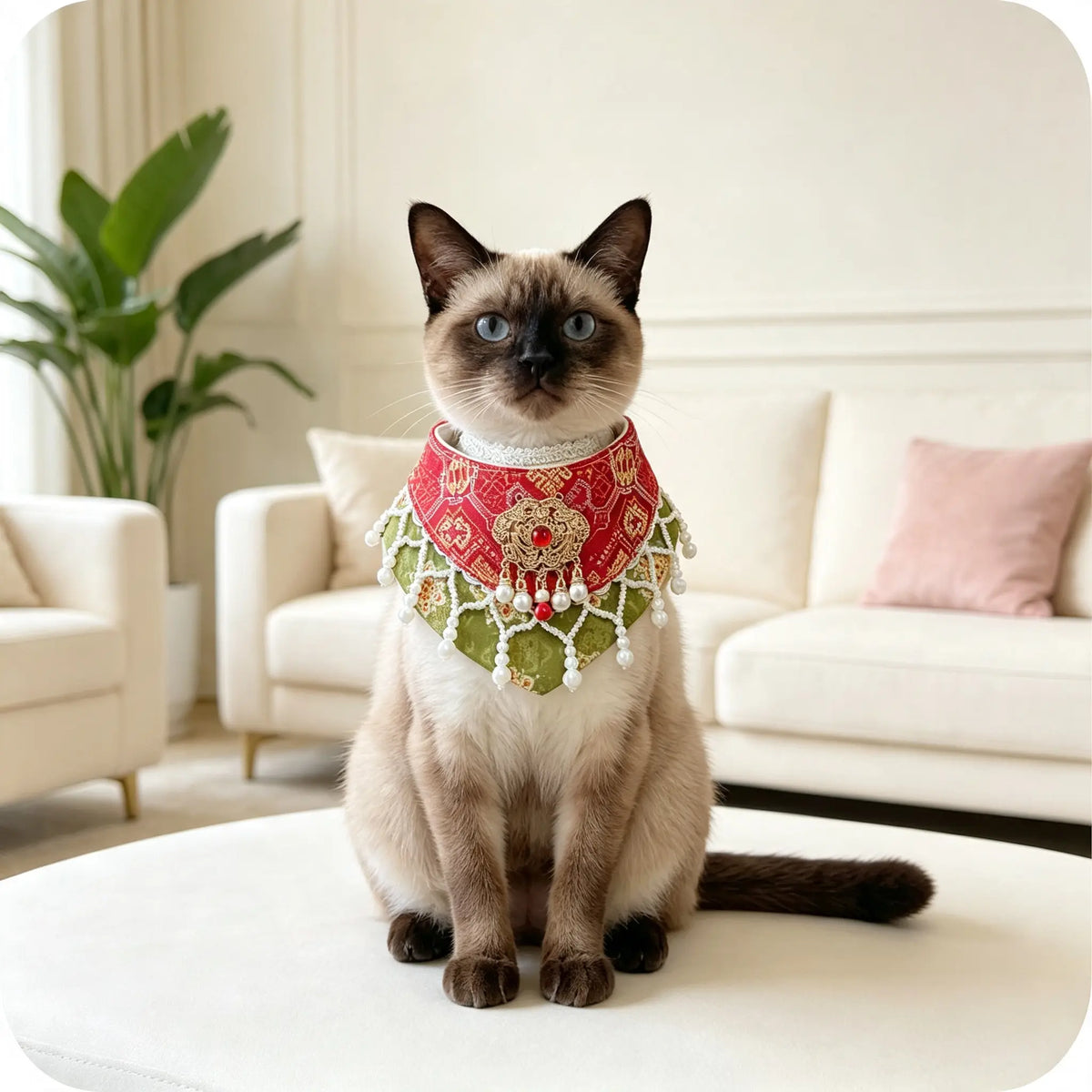 Hand-Woven Guangxi Zhuang Brocade Pet Cape Bib, Oriental Aesthetic Pearl Tassel Decor Bandana for Cats & Small Dogs