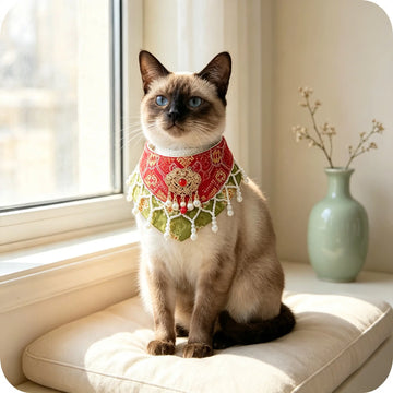 Hand-Woven Guangxi Zhuang Brocade Pet Cape Bib, Oriental Aesthetic Pearl Tassel Decor Bandana for Cats & Small Dogs