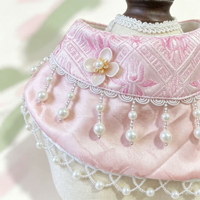Hand-Woven Guangxi Zhuang Brocade Pet Cape Bib, Oriental Aesthetic Pearl Tassel Decor Bandana for Cats & Small Dogs