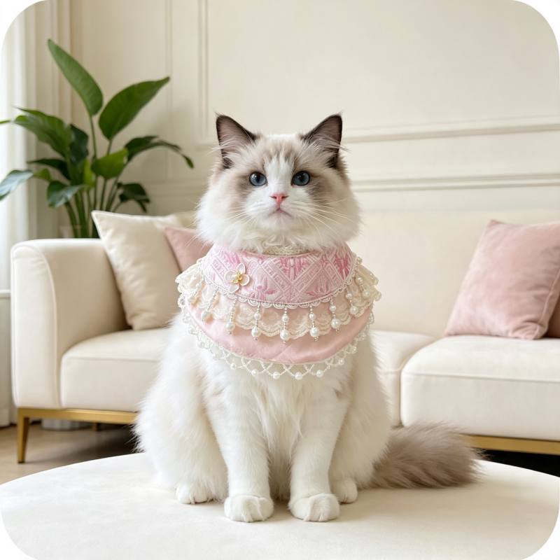 Hand-Woven Guangxi Zhuang Brocade Pet Cape Bib, Oriental Aesthetic Pearl Tassel Decor Bandana for Cats & Small Dogs