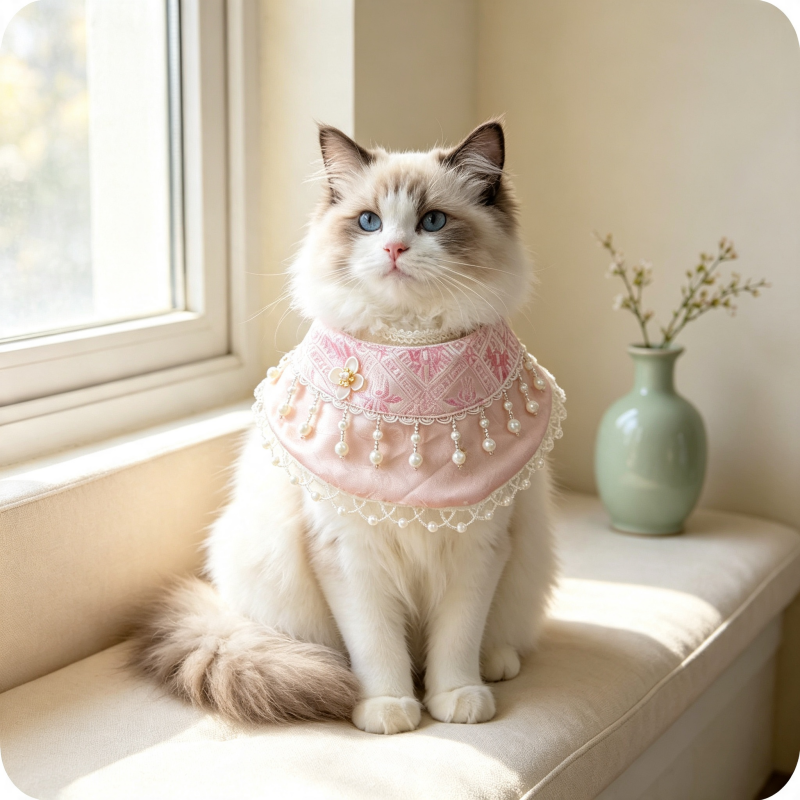 Hand-Woven Guangxi Zhuang Brocade Pet Cape Bib, Oriental Aesthetic Pearl Tassel Decor Bandana for Cats & Small Dogs