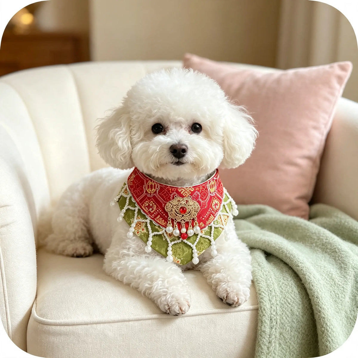Hand-Woven Guangxi Zhuang Brocade Pet Cape Bib, Oriental Aesthetic Pearl Tassel Decor Bandana for Cats & Small Dogs