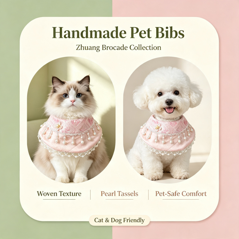 Hand-Woven Guangxi Zhuang Brocade Pet Cape Bib, Oriental Aesthetic Pearl Tassel Decor Bandana for Cats & Small Dogs