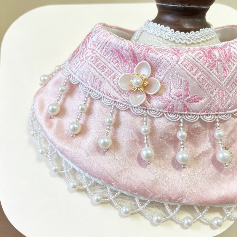 Hand-Woven Guangxi Zhuang Brocade Pet Cape Bib, Oriental Aesthetic Pearl Tassel Decor Bandana for Cats & Small Dogs