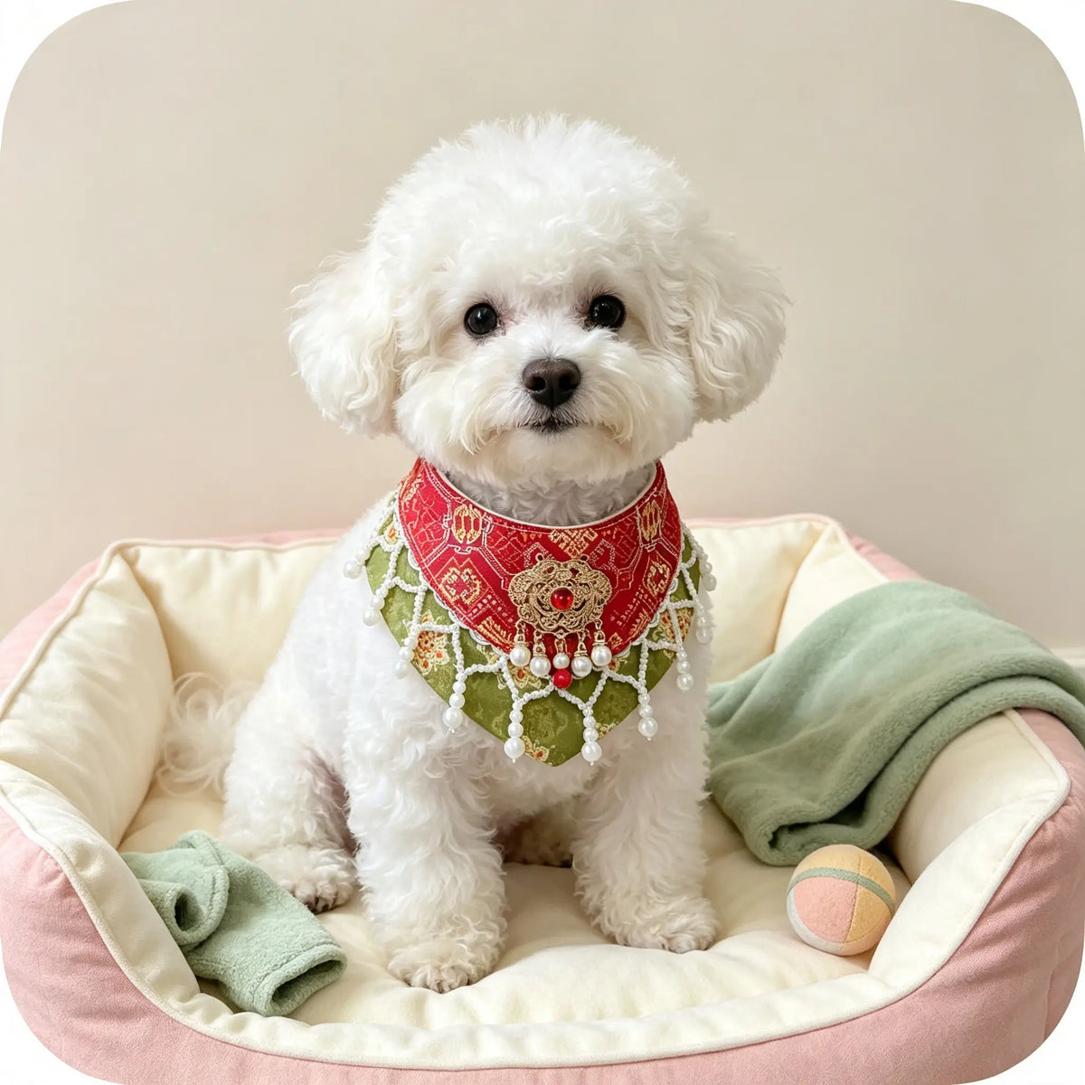 Hand-Woven Guangxi Zhuang Brocade Pet Cape Bib, Oriental Aesthetic Pearl Tassel Decor Bandana for Cats & Small Dogs