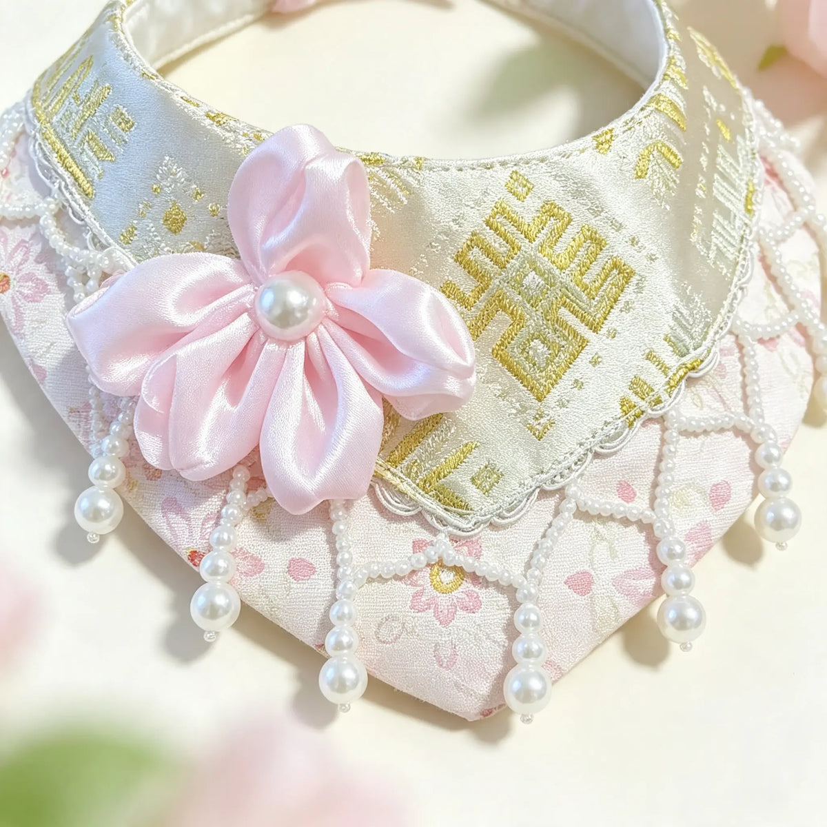 Hand-Made Guangxi Zhuang Brocade Pet Cape Bib, Soft Oriental Aesthetic Satin Flower Pearl Tassel Bandana for Cats & Small Dogs