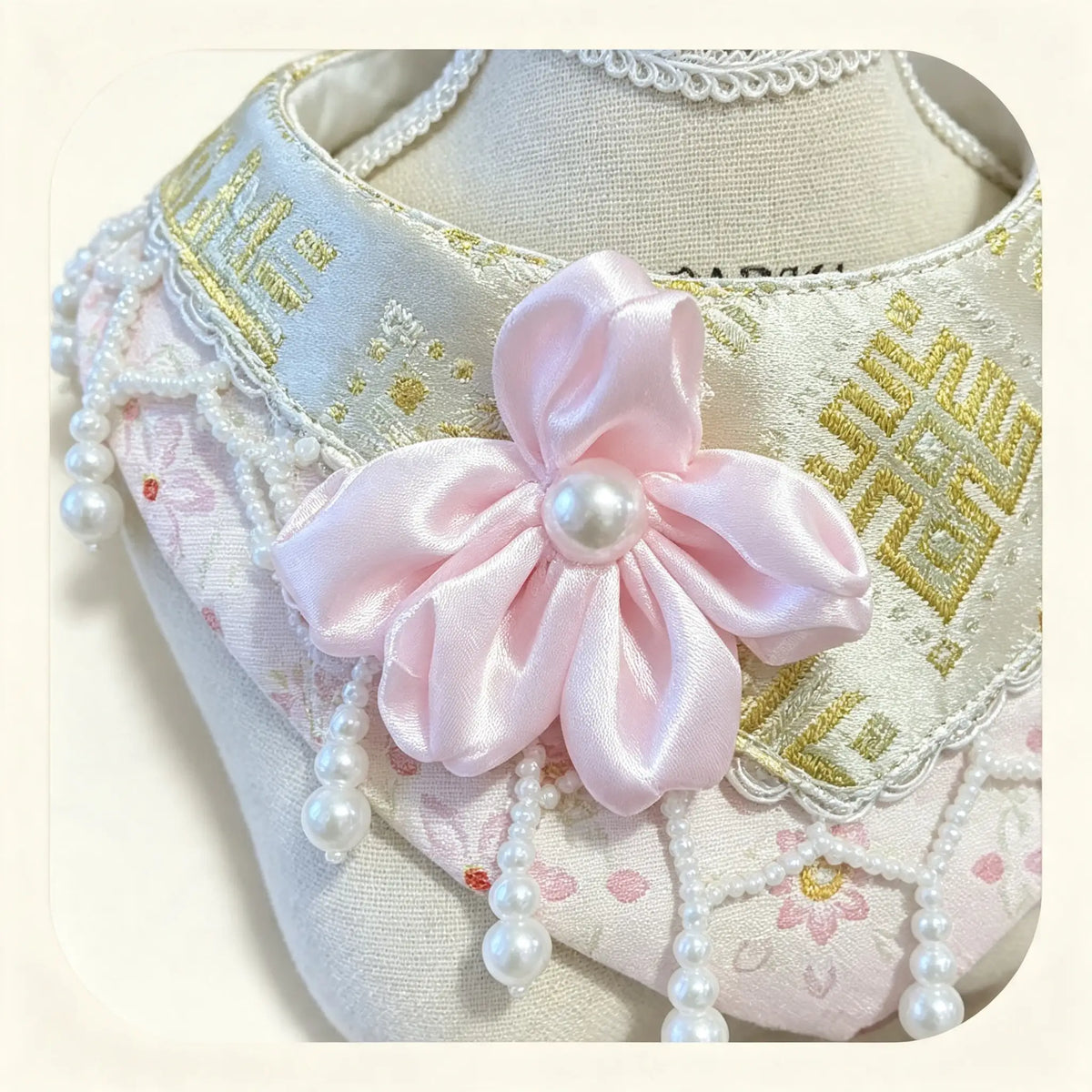 Hand-Made Guangxi Zhuang Brocade Pet Cape Bib, Soft Oriental Aesthetic Satin Flower Pearl Tassel Bandana for Cats & Small Dogs