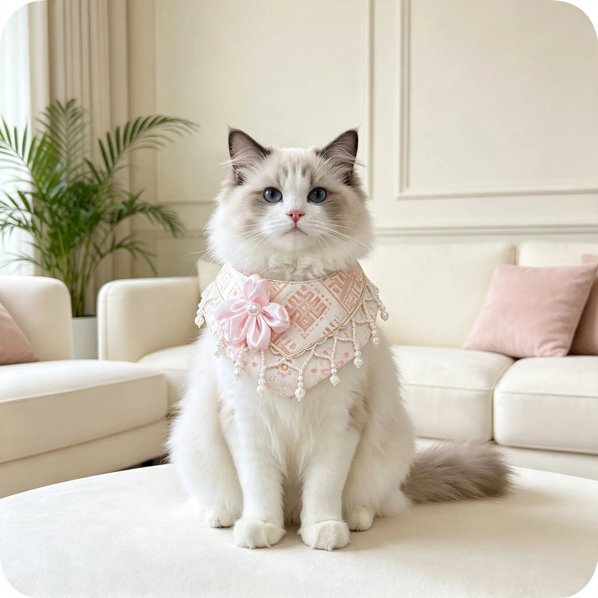 Hand-Made Guangxi Zhuang Brocade Pet Cape Bib, Soft Oriental Aesthetic Satin Flower Pearl Tassel Bandana for Cats & Small Dogs