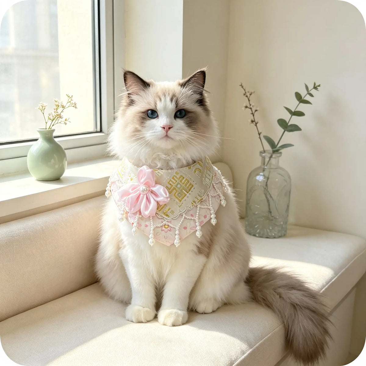Hand-Made Guangxi Zhuang Brocade Pet Cape Bib, Soft Oriental Aesthetic Satin Flower Pearl Tassel Bandana for Cats & Small Dogs