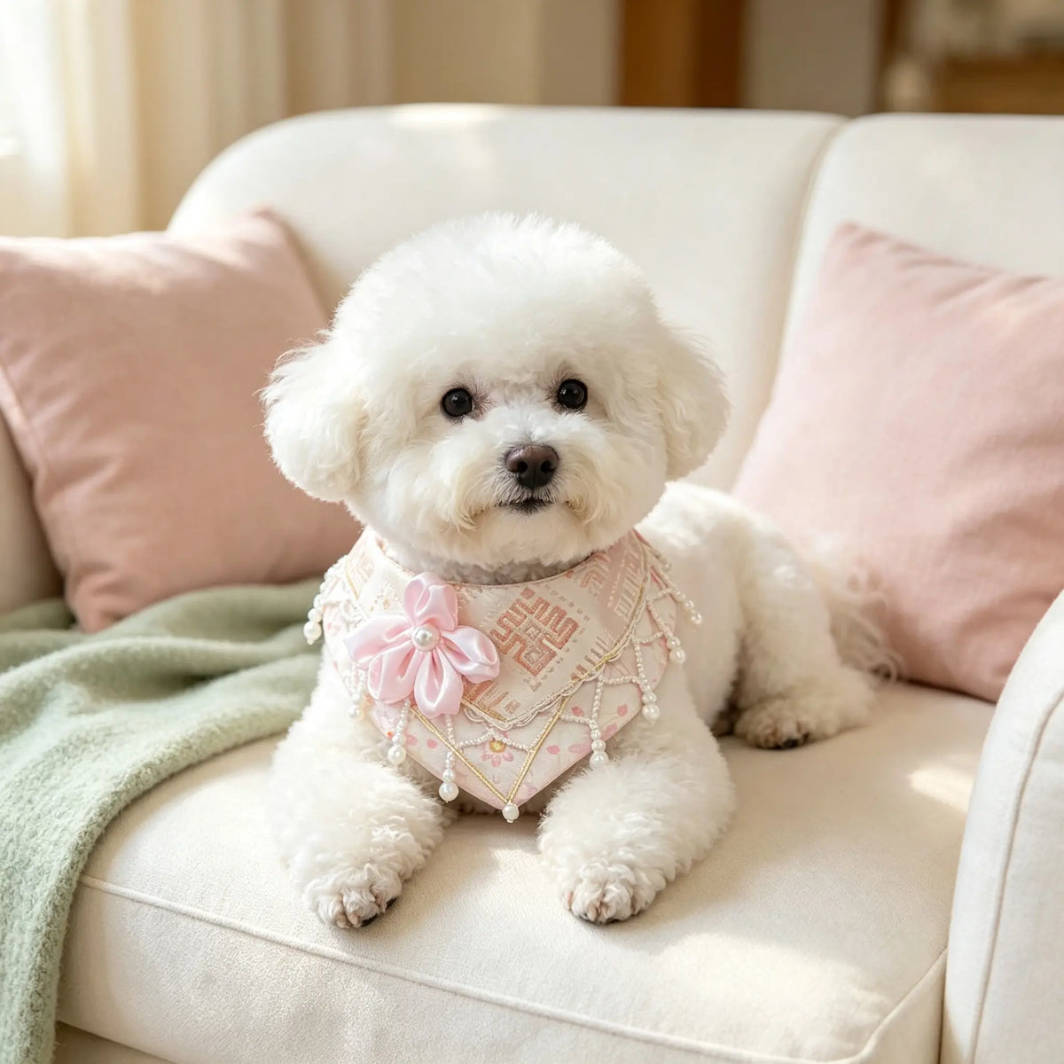Hand-Made Guangxi Zhuang Brocade Pet Cape Bib, Soft Oriental Aesthetic Satin Flower Pearl Tassel Bandana for Cats & Small Dogs