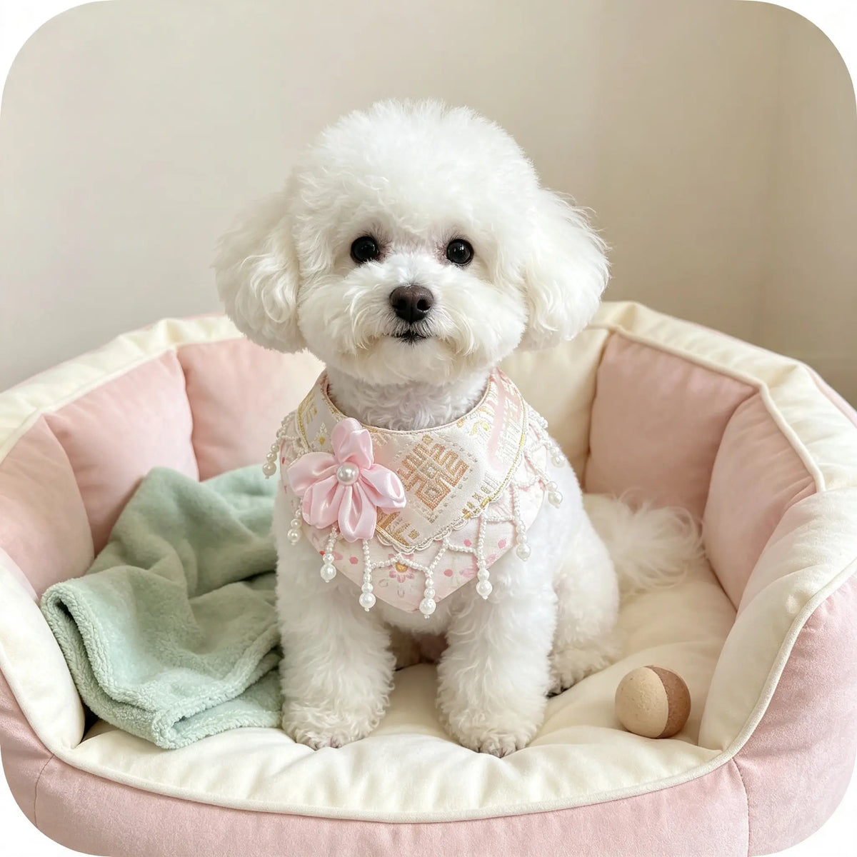 Hand-Made Guangxi Zhuang Brocade Pet Cape Bib, Soft Oriental Aesthetic Satin Flower Pearl Tassel Bandana for Cats & Small Dogs