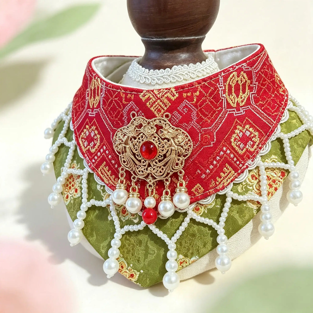 Hand-Woven Guangxi Zhuang Brocade Pet Cape Bib, Oriental Aesthetic Pearl Tassel Decor Bandana for Cats & Small Dogs
