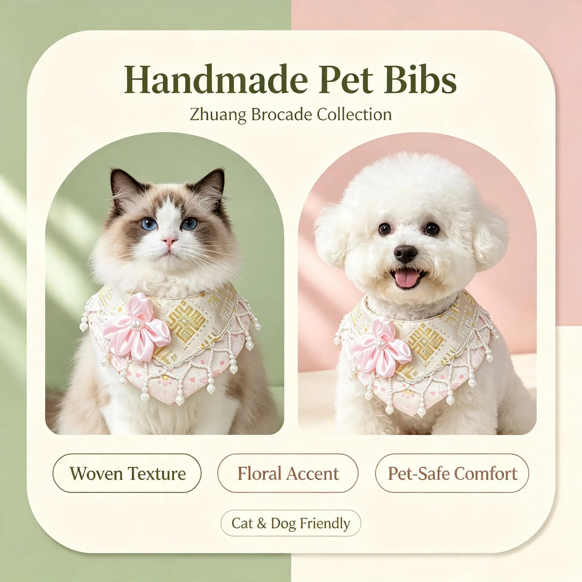 Hand-Made Guangxi Zhuang Brocade Pet Cape Bib, Soft Oriental Aesthetic Satin Flower Pearl Tassel Bandana for Cats & Small Dogs