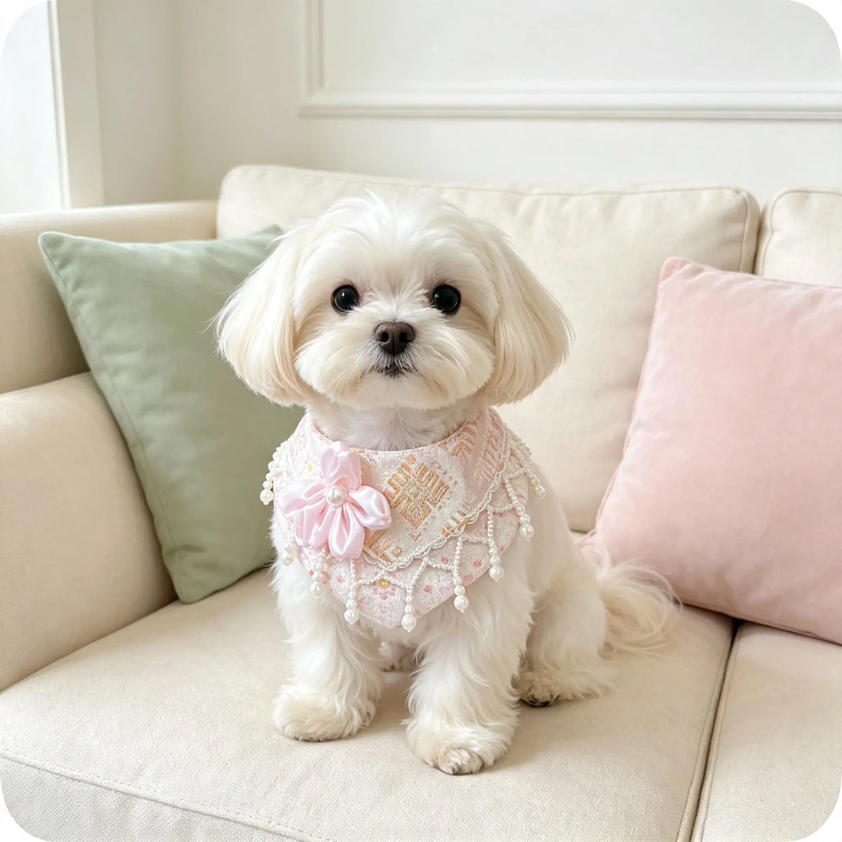 Handmade Oriental Aesthetic Pet Bib, Pastel Pink Floral Zhuang Brocade Neck Collar for Cats & Small Dogs