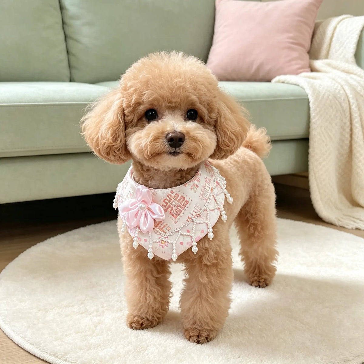Handmade Oriental Aesthetic Pet Bib, Pastel Pink Floral Zhuang Brocade Neck Collar for Cats & Small Dogs