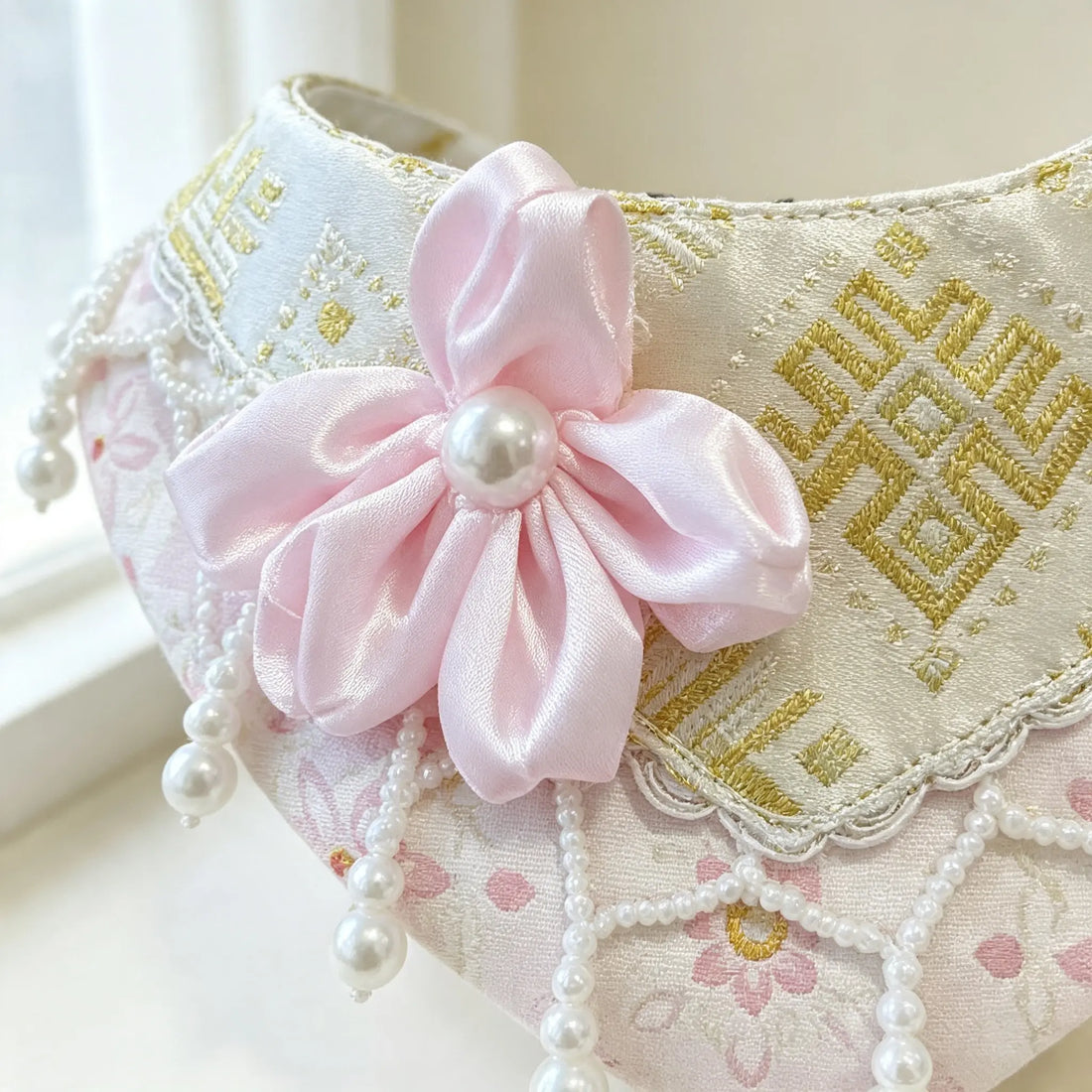 Handmade Oriental Aesthetic Pet Bib, Pastel Pink Floral Zhuang Brocade Neck Collar for Cats & Small Dogs