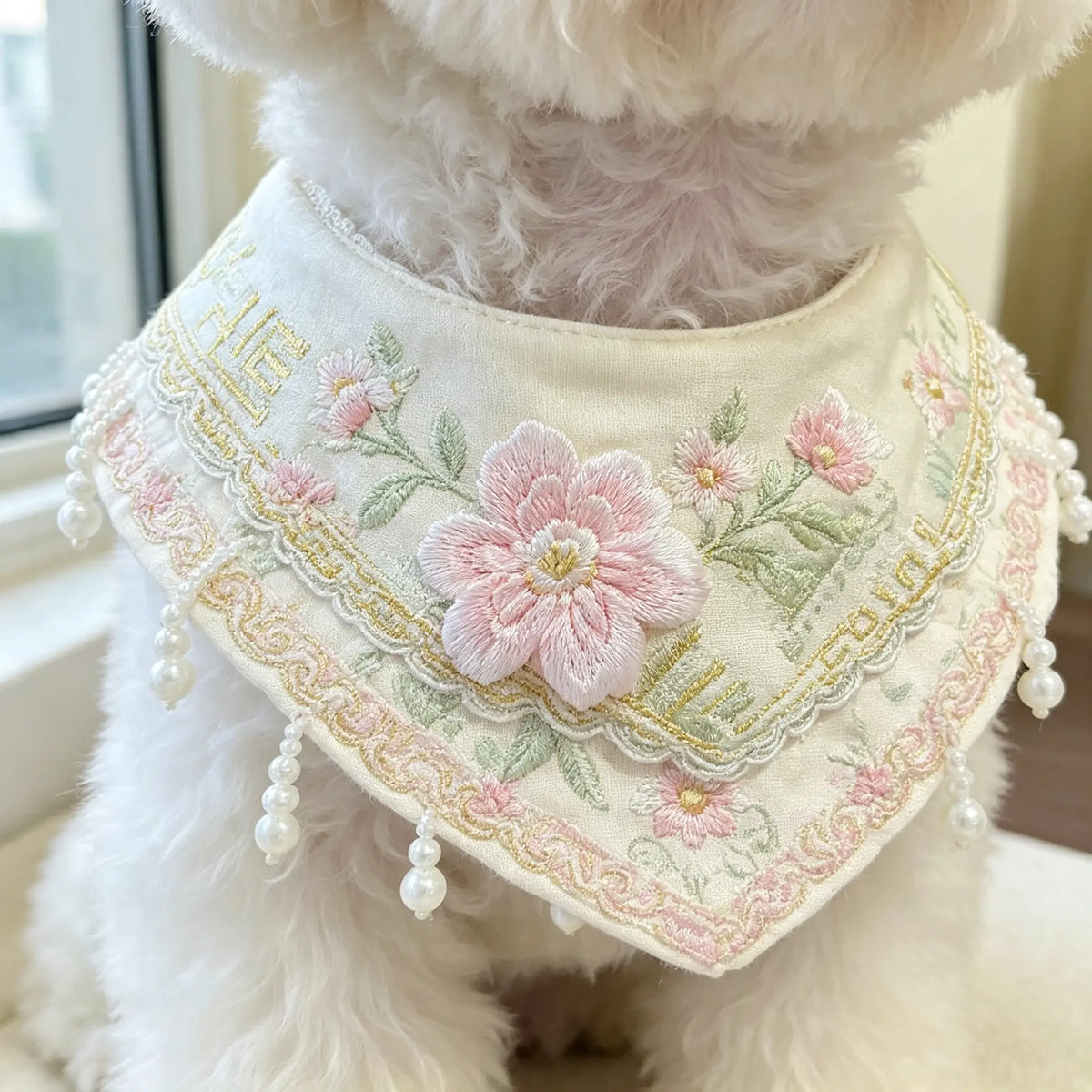 Handmade Oriental Aesthetic Pet Bib, Pastel Pink Floral Zhuang Brocade Neck Collar for Cats & Small Dogs