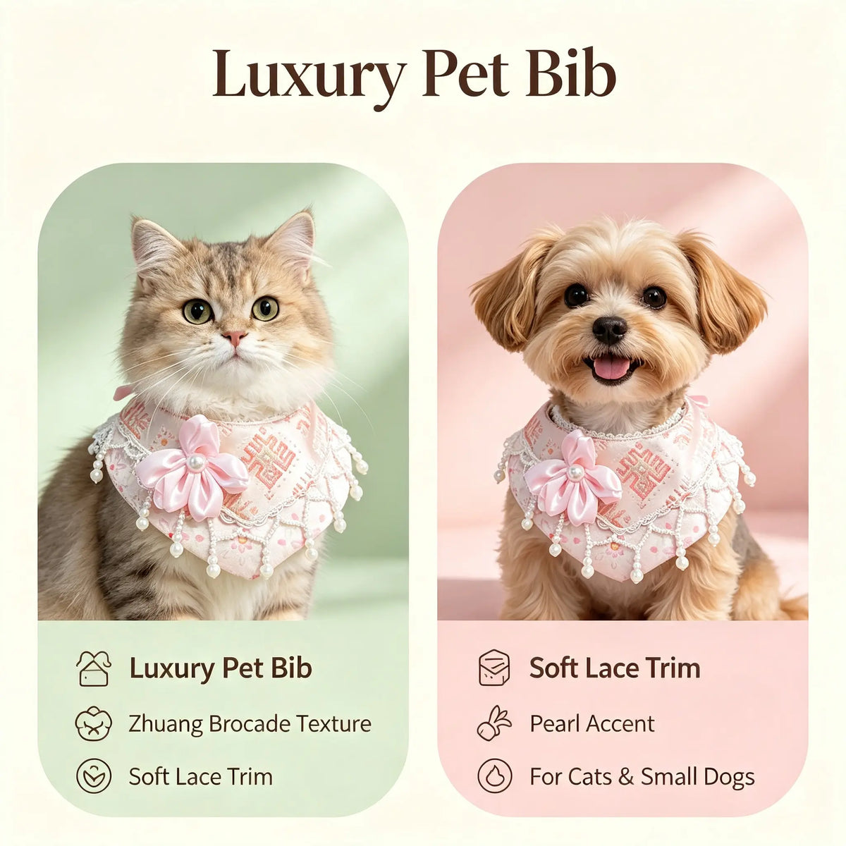 Handmade Oriental Aesthetic Pet Bib, Pastel Pink Floral Zhuang Brocade Neck Collar for Cats & Small Dogs