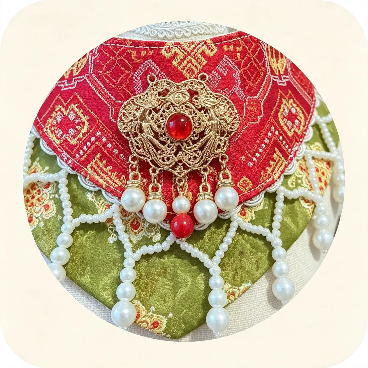 Hand-Woven Guangxi Zhuang Brocade Pet Cape Bib, Oriental Aesthetic Pearl Tassel Decor Bandana for Cats & Small Dogs