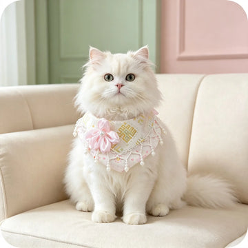 Handmade Oriental Aesthetic Pet Bib, Pastel Pink Floral Zhuang Brocade Neck Collar for Cats & Small Dogs