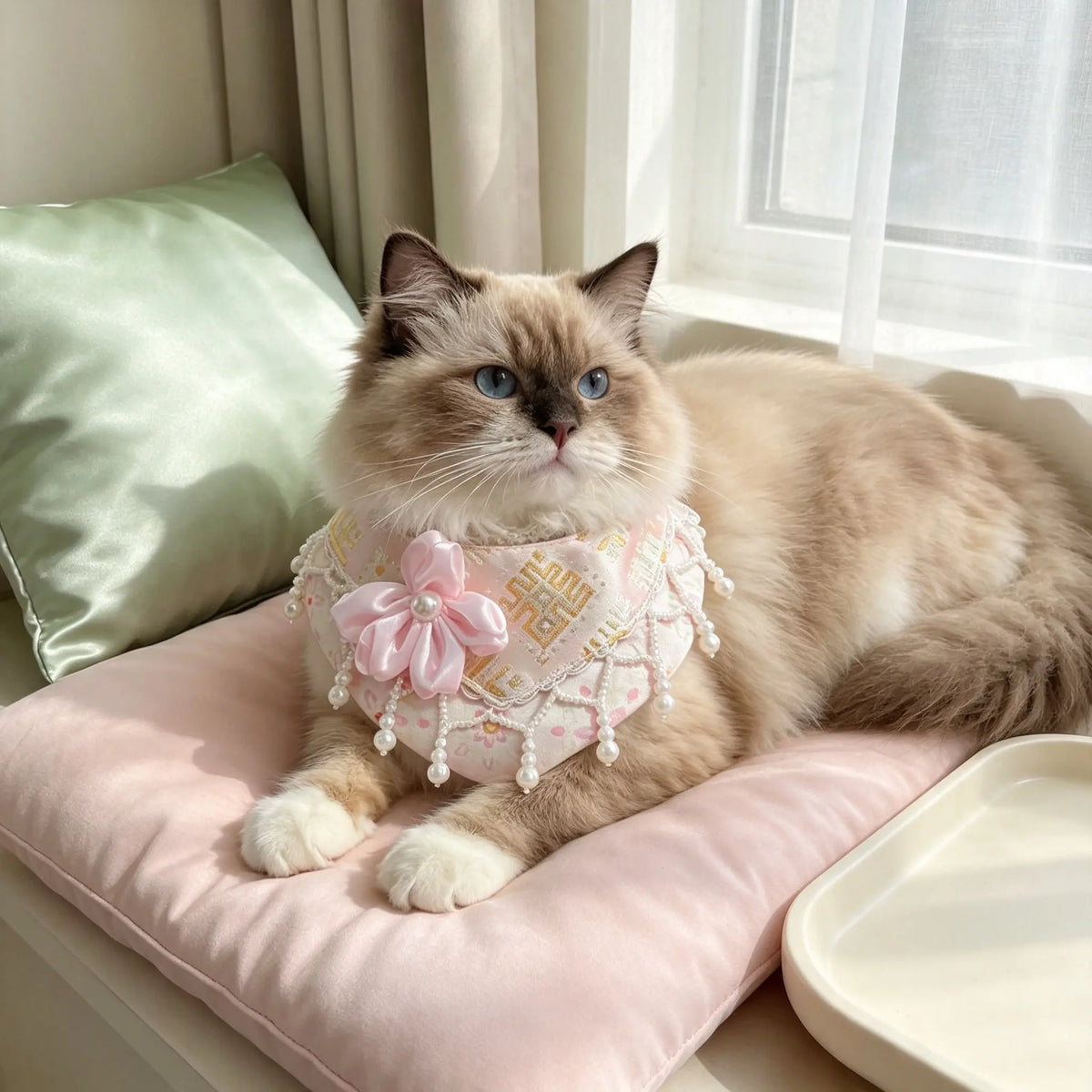 Handmade Oriental Aesthetic Pet Bib, Pastel Pink Floral Zhuang Brocade Neck Collar for Cats & Small Dogs