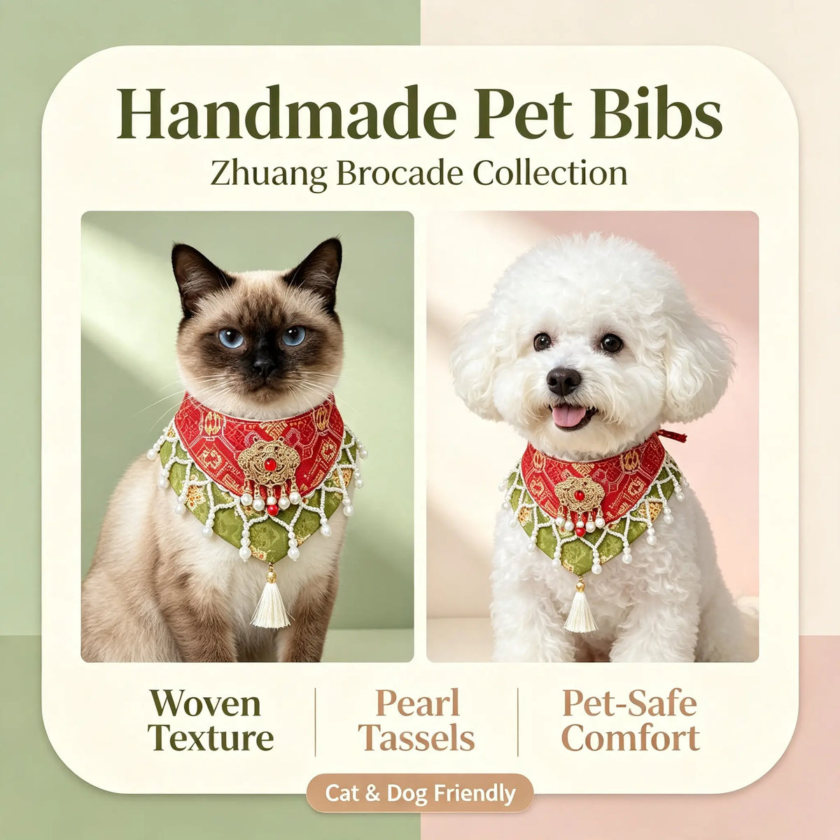 Hand-Woven Guangxi Zhuang Brocade Pet Cape Bib, Oriental Aesthetic Pearl Tassel Decor Bandana for Cats & Small Dogs
