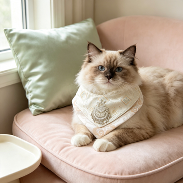 Handcrafted Oriental Aesthetic Pet Bib, Cream Gold Zhuang Brocade Collar with Ethnic Silver Tassel Ornament for Cats & Small Dogs