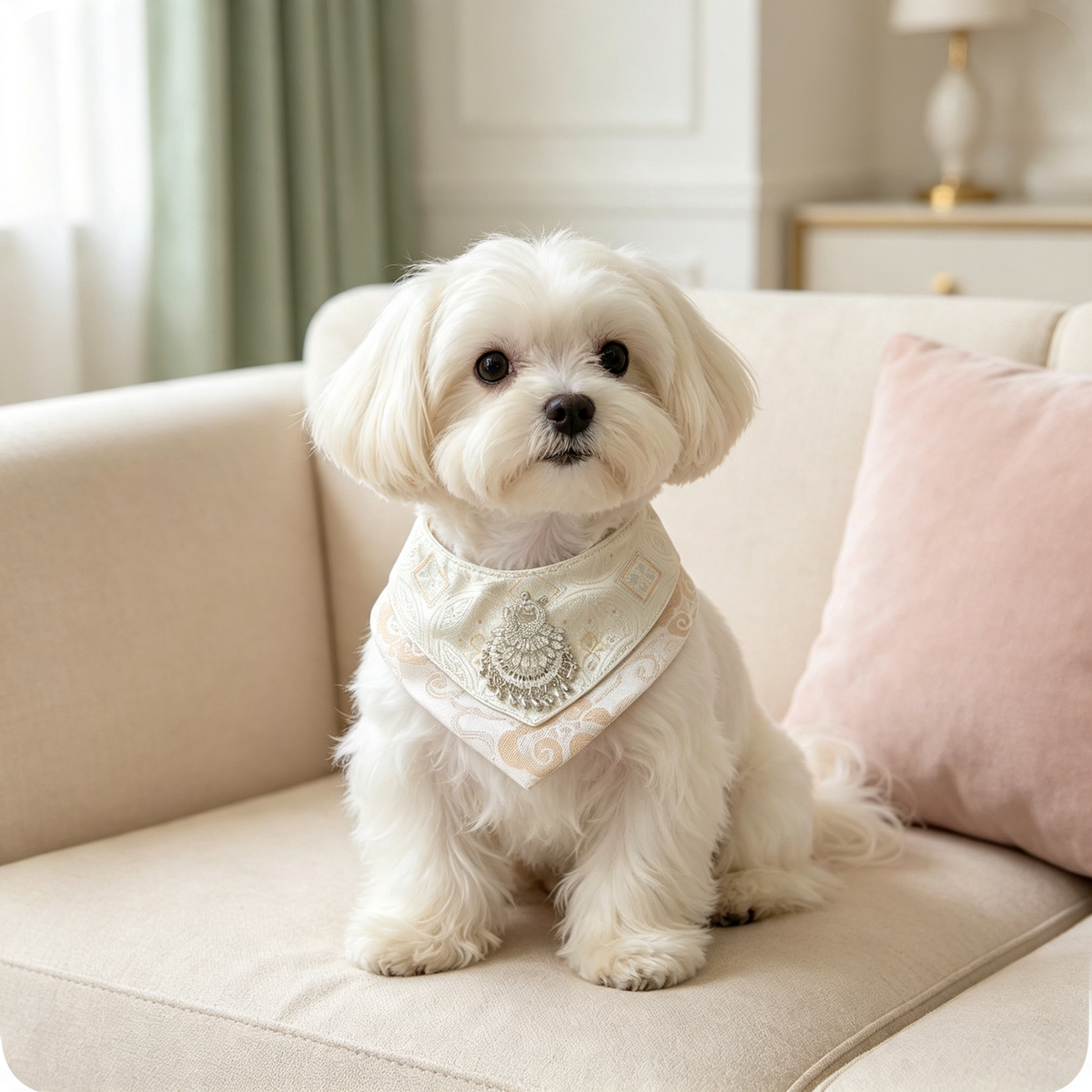 Handcrafted Oriental Aesthetic Pet Bib, Cream Gold Zhuang Brocade Collar with Ethnic Silver Tassel Ornament for Cats & Small Dogs