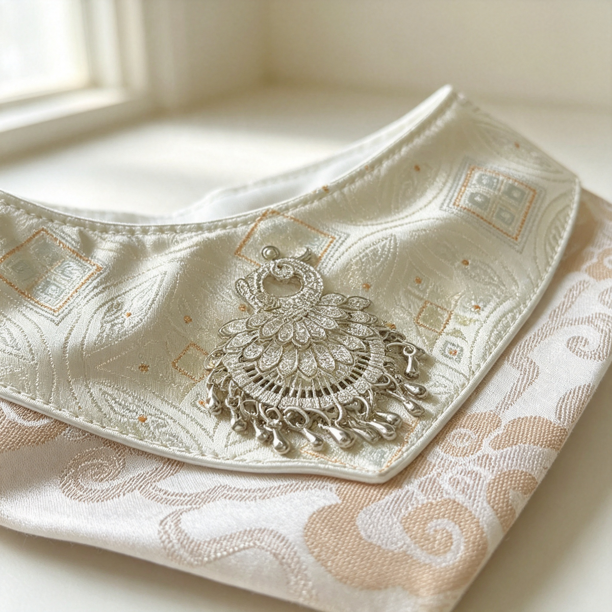 Handcrafted Oriental Aesthetic Pet Bib, Cream Gold Zhuang Brocade Collar with Ethnic Silver Tassel Ornament for Cats & Small Dogs