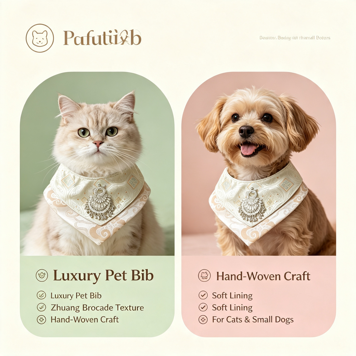 Handcrafted Oriental Aesthetic Pet Bib, Cream Gold Zhuang Brocade Collar with Ethnic Silver Tassel Ornament for Cats & Small Dogs