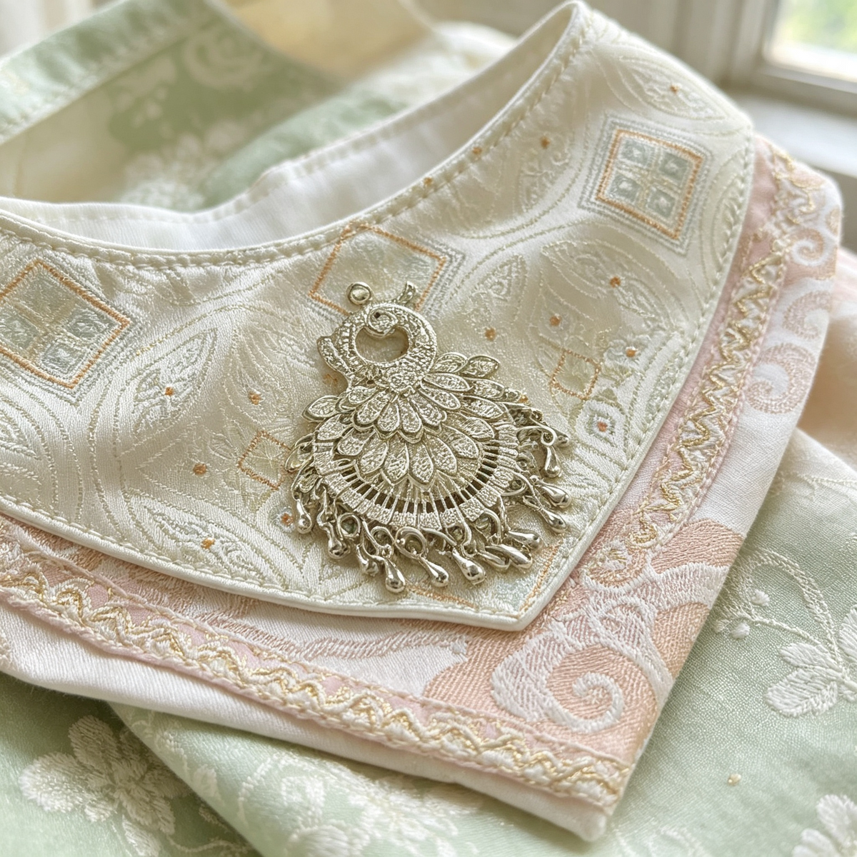 Handcrafted Oriental Aesthetic Pet Bib, Cream Gold Zhuang Brocade Collar with Ethnic Silver Tassel Ornament for Cats & Small Dogs