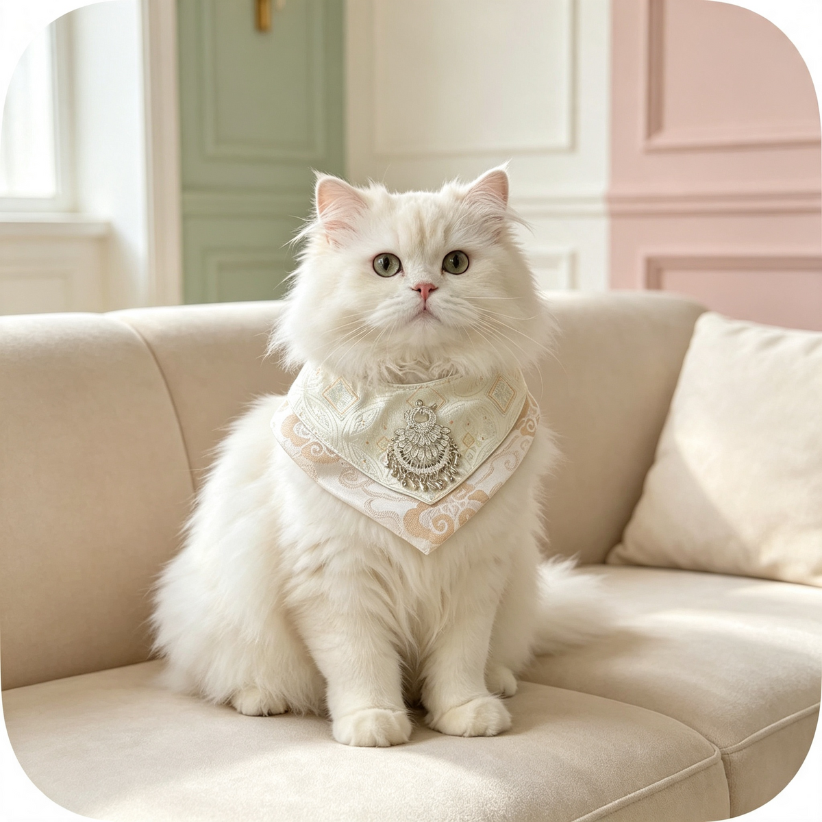 Handcrafted Oriental Aesthetic Pet Bib, Cream Gold Zhuang Brocade Collar with Ethnic Silver Tassel Ornament for Cats & Small Dogs