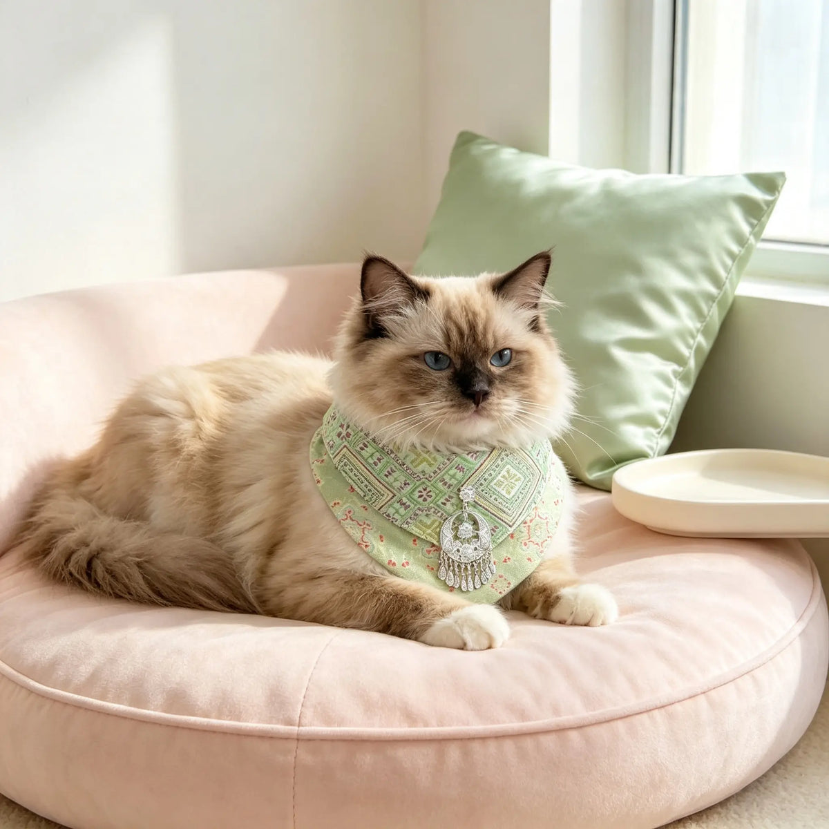 Hand-crafted Oriental Aesthetic Pet Bib, Fresh Light-Green Zhuang Brocade Collar with Ethnic Silver Tassel Charm for Cats & Small Dogs