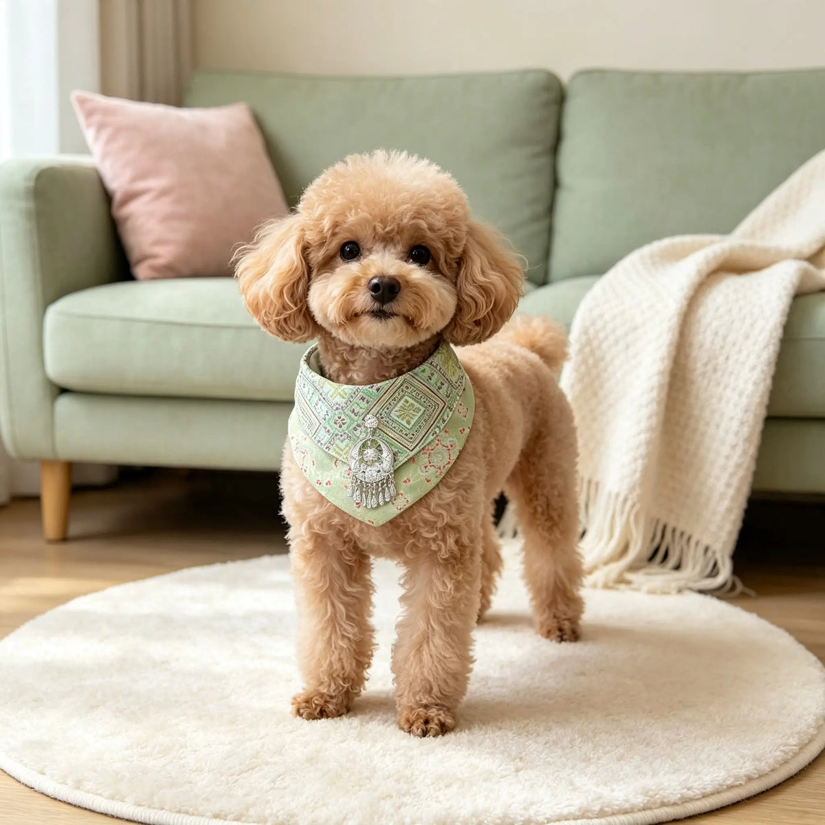 Hand-crafted Oriental Aesthetic Pet Bib, Fresh Light-Green Zhuang Brocade Collar with Ethnic Silver Tassel Charm for Cats & Small Dogs