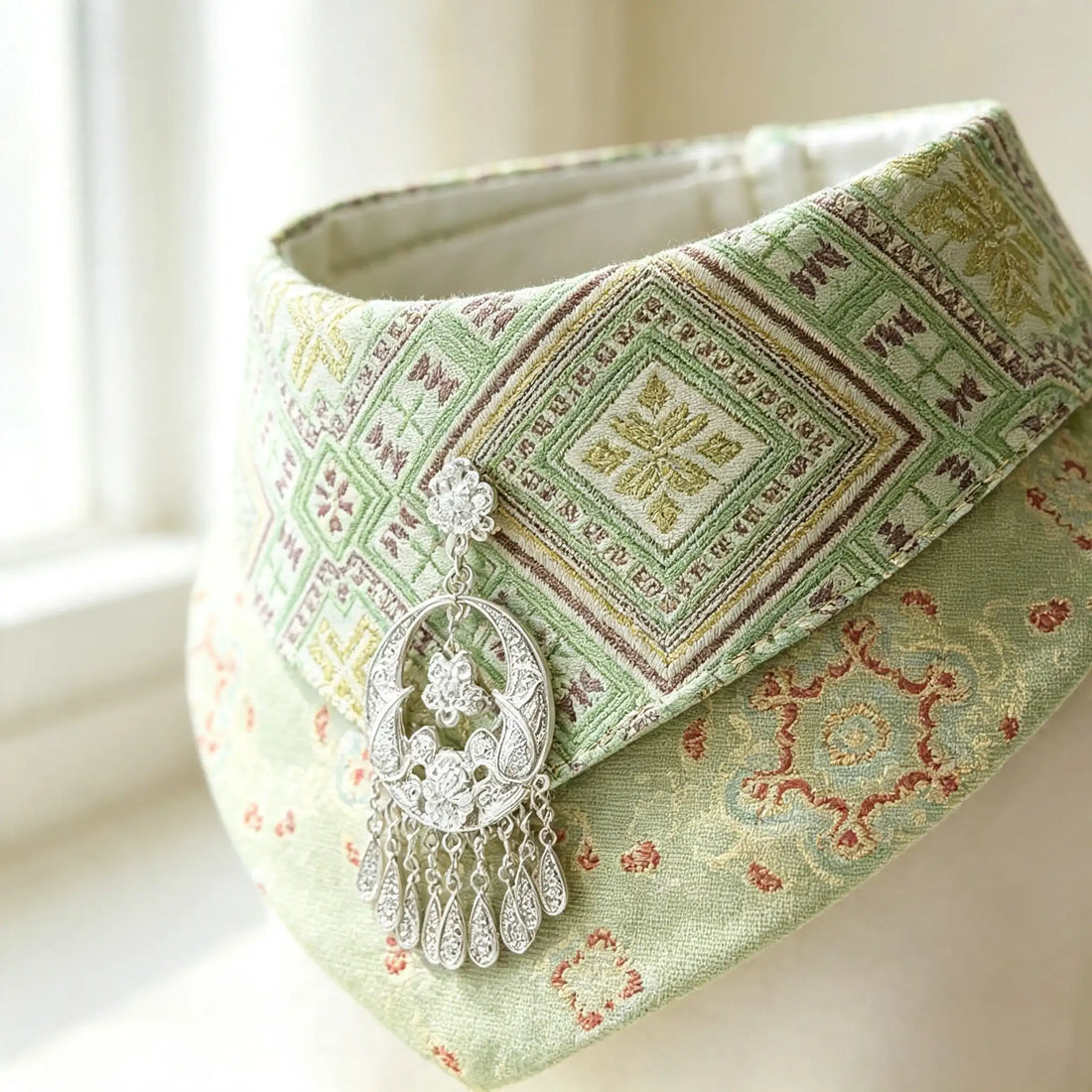 Hand-crafted Oriental Aesthetic Pet Bib, Fresh Light-Green Zhuang Brocade Collar with Ethnic Silver Tassel Charm for Cats & Small Dogs