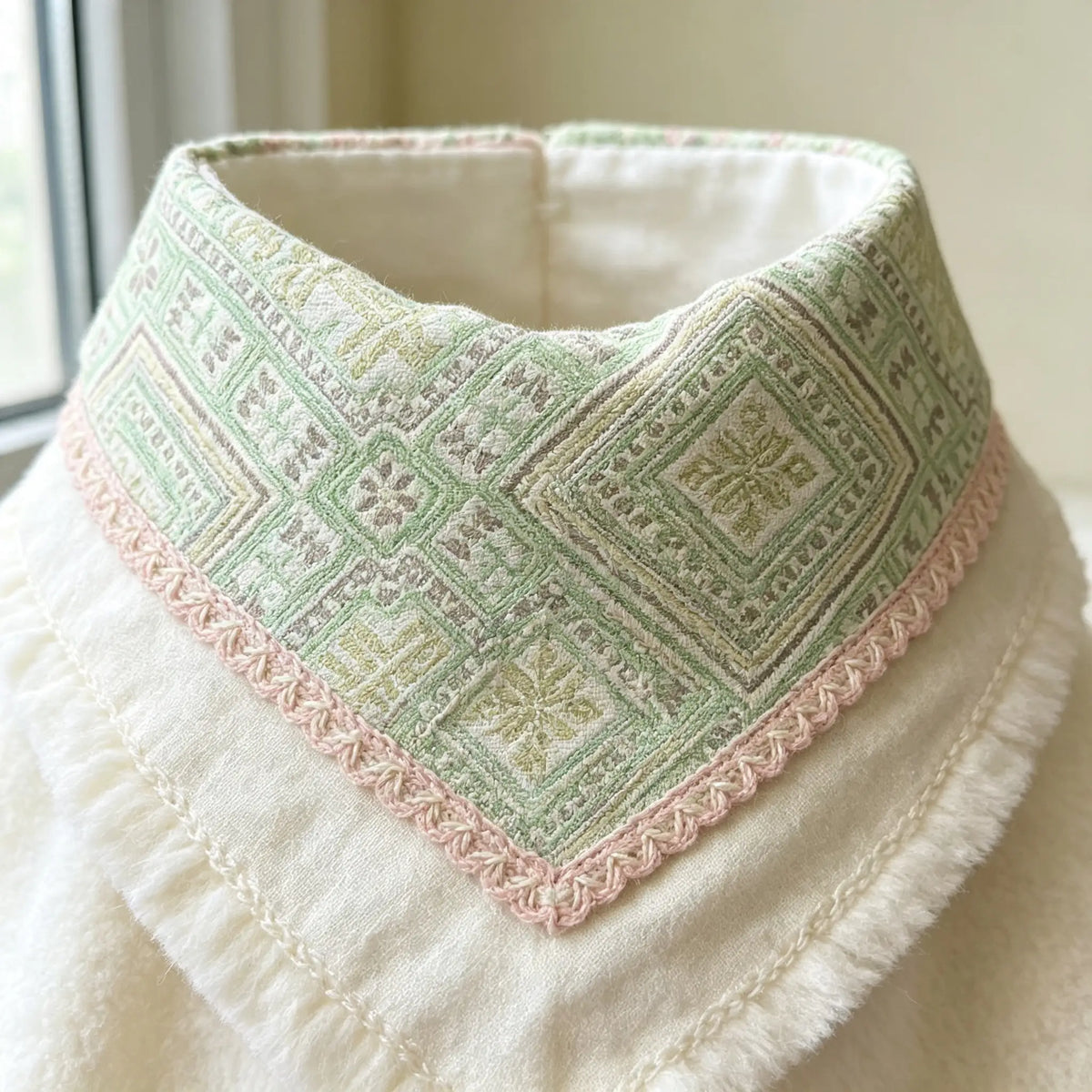 Hand-crafted Oriental Aesthetic Pet Bib, Fresh Light-Green Zhuang Brocade Collar with Ethnic Silver Tassel Charm for Cats & Small Dogs