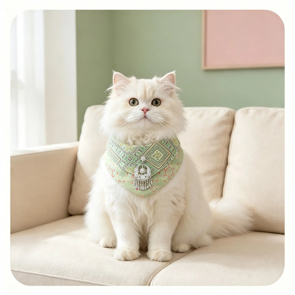 Hand-crafted Oriental Aesthetic Pet Bib, Fresh Light-Green Zhuang Brocade Collar with Ethnic Silver Tassel Charm for Cats & Small Dogs