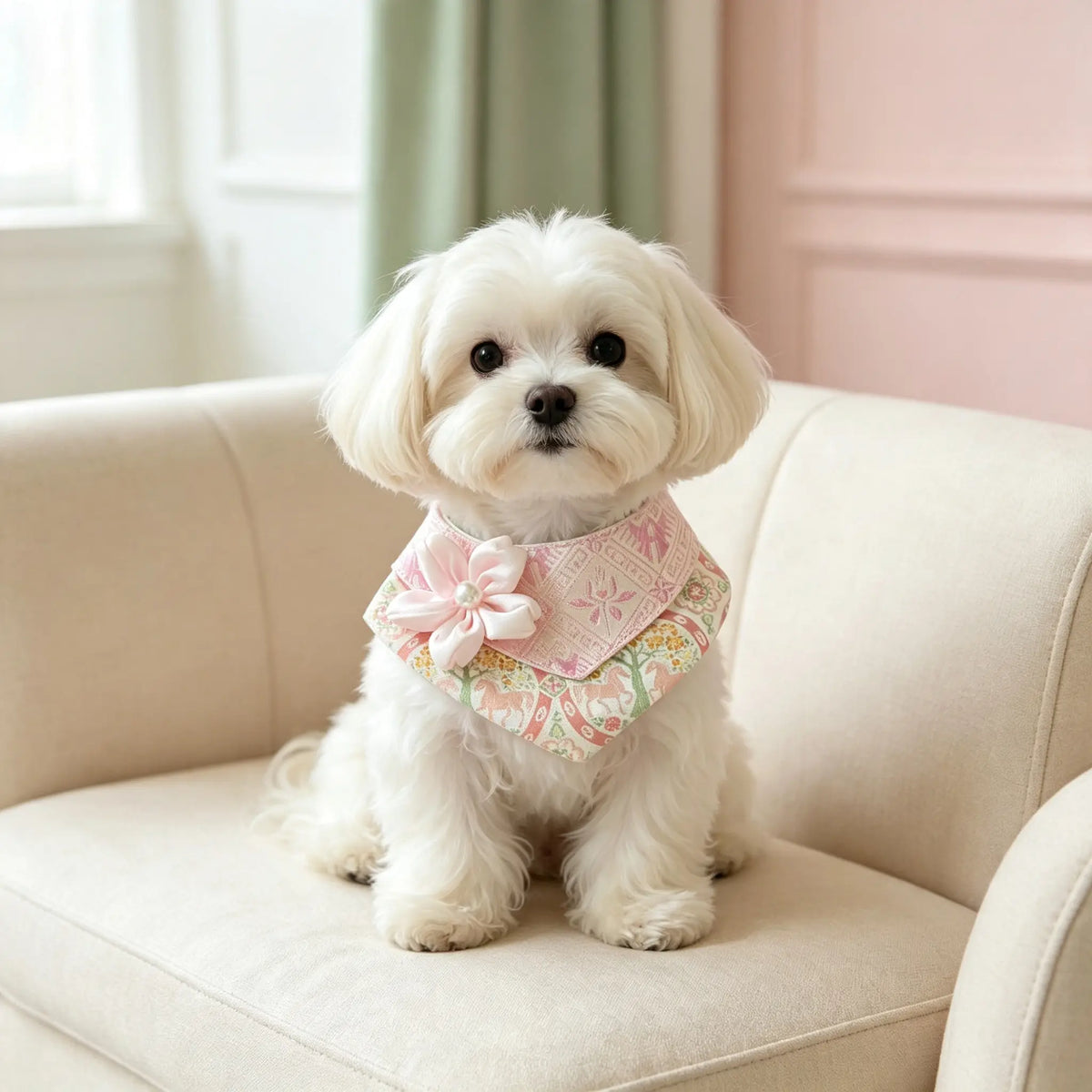 Hand-crafted Oriental Aesthetic Pet Bib, Soft Pink Zhuang Brocade Collar with Satin Flower Pearl Ornament for Cats & Small Dogs