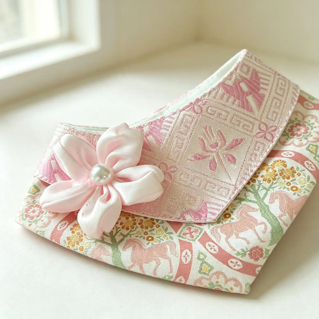 Hand-crafted Oriental Aesthetic Pet Bib, Soft Pink Zhuang Brocade Collar with Satin Flower Pearl Ornament for Cats & Small Dogs