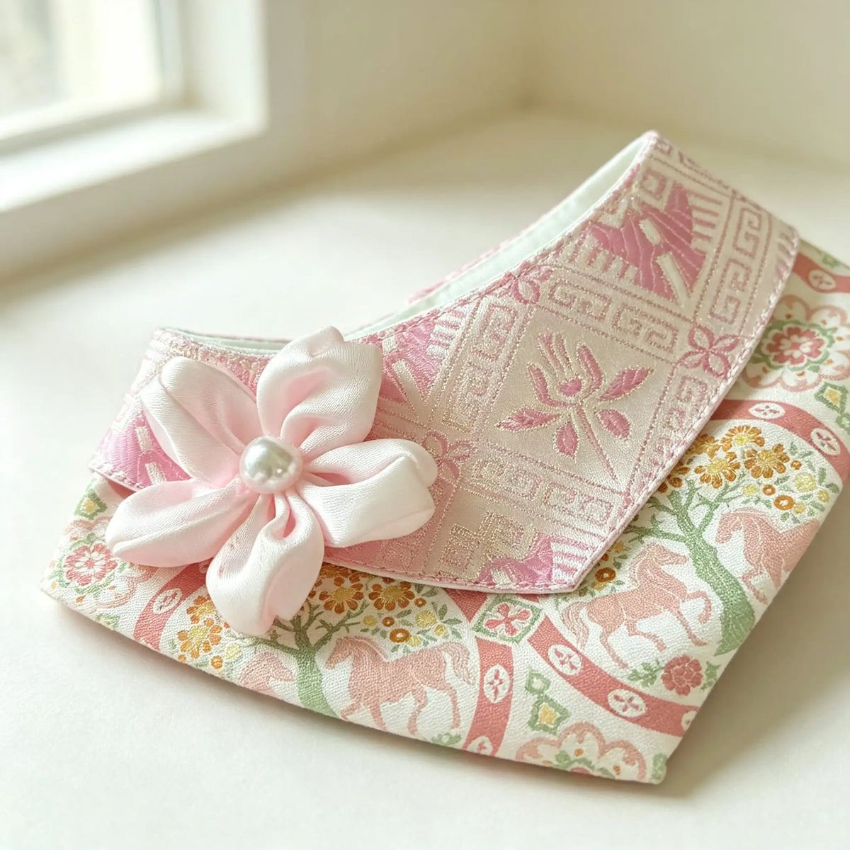Hand-crafted Oriental Aesthetic Pet Bib, Soft Pink Zhuang Brocade Collar with Satin Flower Pearl Ornament for Cats & Small Dogs