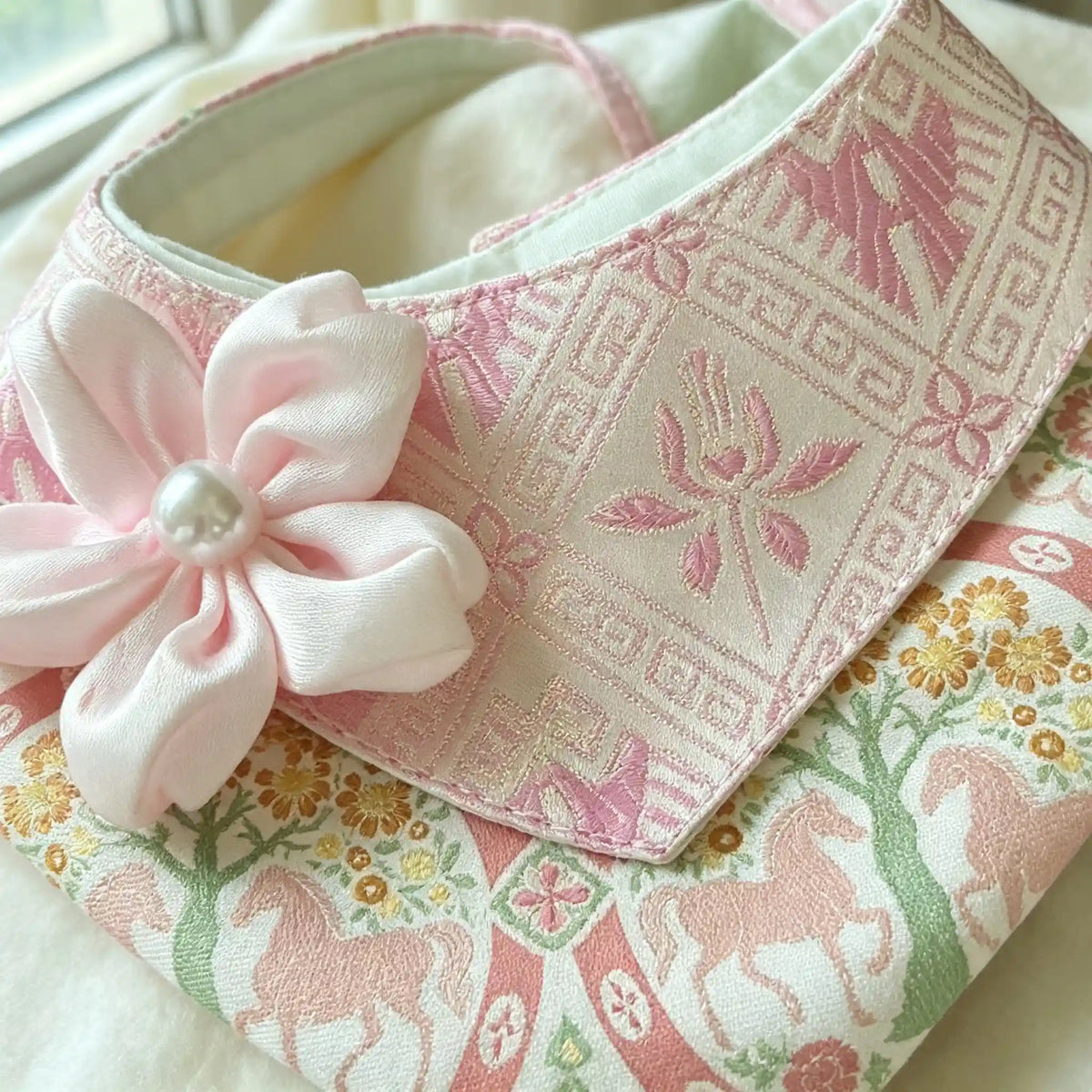 Hand-crafted Oriental Aesthetic Pet Bib, Soft Pink Zhuang Brocade Collar with Satin Flower Pearl Ornament for Cats & Small Dogs