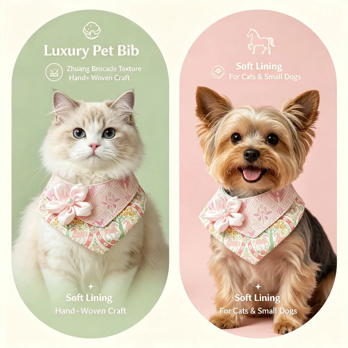Hand-crafted Oriental Aesthetic Pet Bib, Soft Pink Zhuang Brocade Collar with Satin Flower Pearl Ornament for Cats & Small Dogs