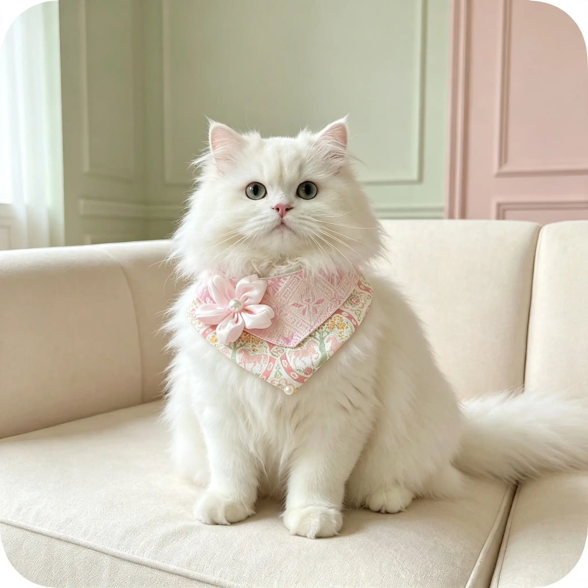 Hand-crafted Oriental Aesthetic Pet Bib, Soft Pink Zhuang Brocade Collar with Satin Flower Pearl Ornament for Cats & Small Dogs