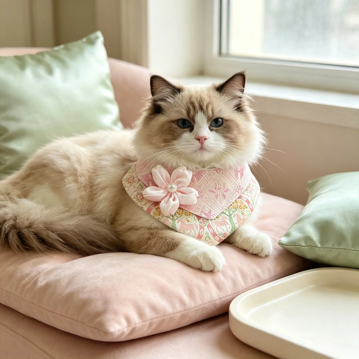 Hand-crafted Oriental Aesthetic Pet Bib, Soft Pink Zhuang Brocade Collar with Satin Flower Pearl Ornament for Cats & Small Dogs
